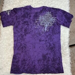 Archaic Affliction Mens Graphic T Shirt Purple Tie Dye Wings Skull Print Sz L